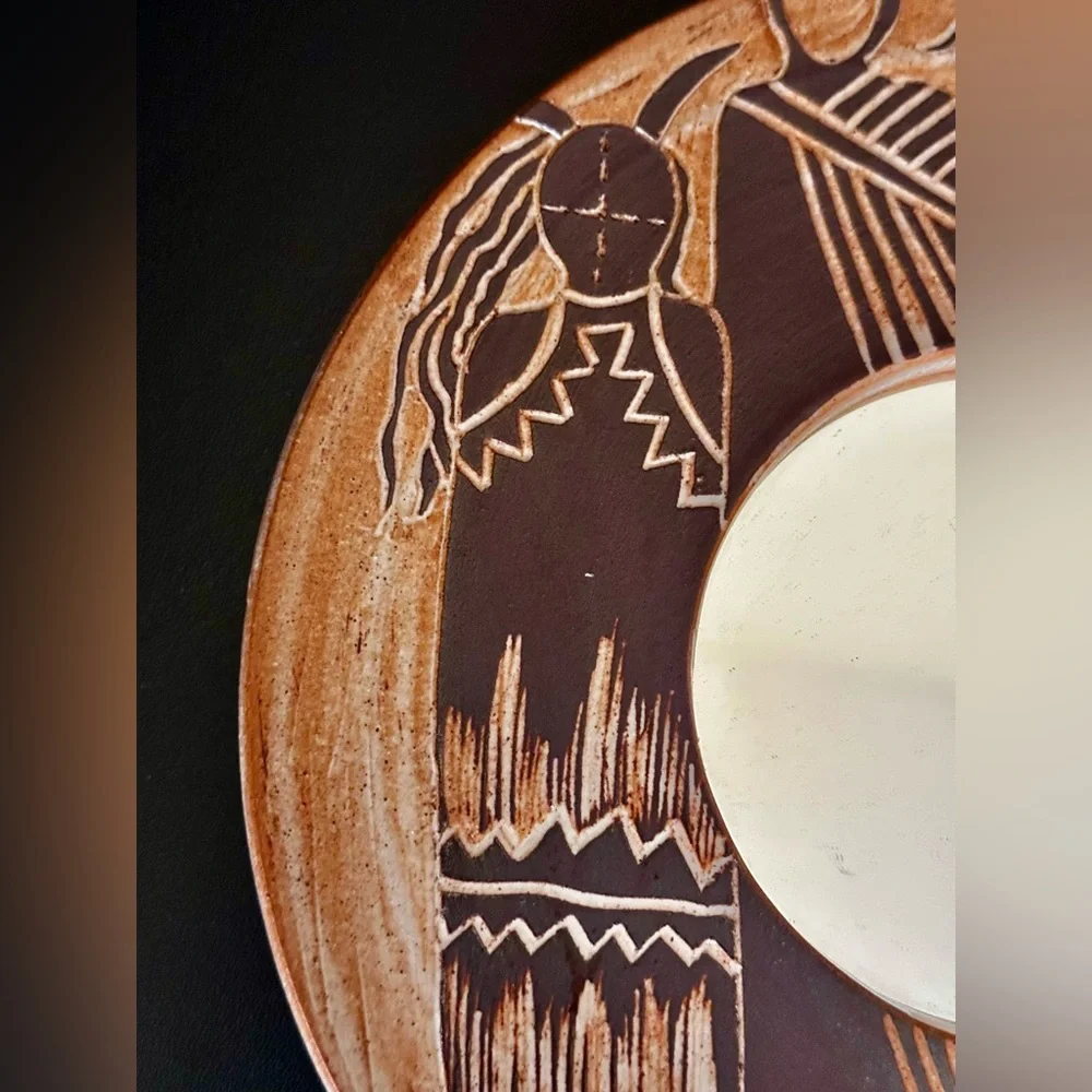 Signed 1998 Unique Southwest Studio Pottery Wall Mirror. Tribal Desert Decor